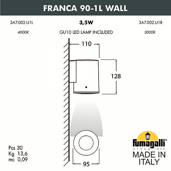 Уличный настенный светильник Fumagalli Franca 90 3A7.002.000.LXU1L