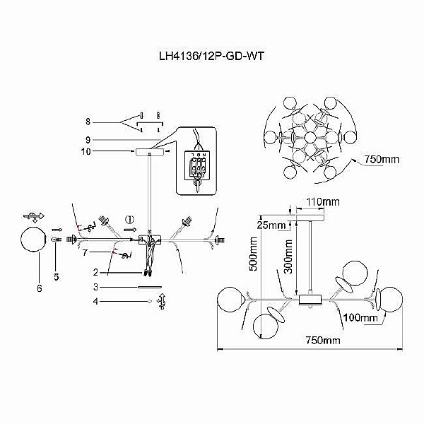 Люстра на штанге Lumien Hall Ilmari LH4136/12P-GD-WT