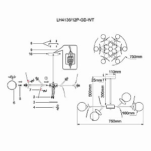 Люстра на штанге Lumien Hall Ilmari LH4136/12P-GD-WT